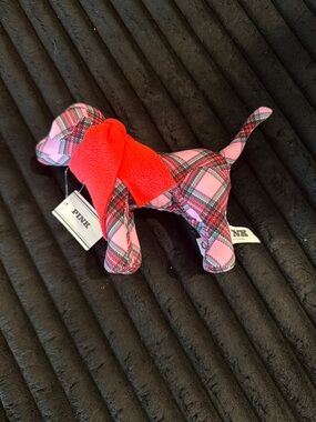 PINK Victoria's Secret Plaid Pink Dog Plush with Red Scarf
